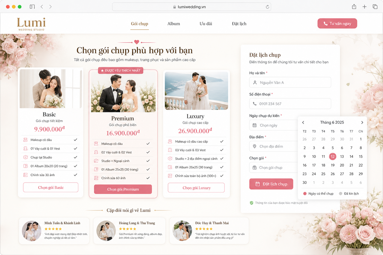 Làm trang web book lịch chụp ảnh cưới trọn gói